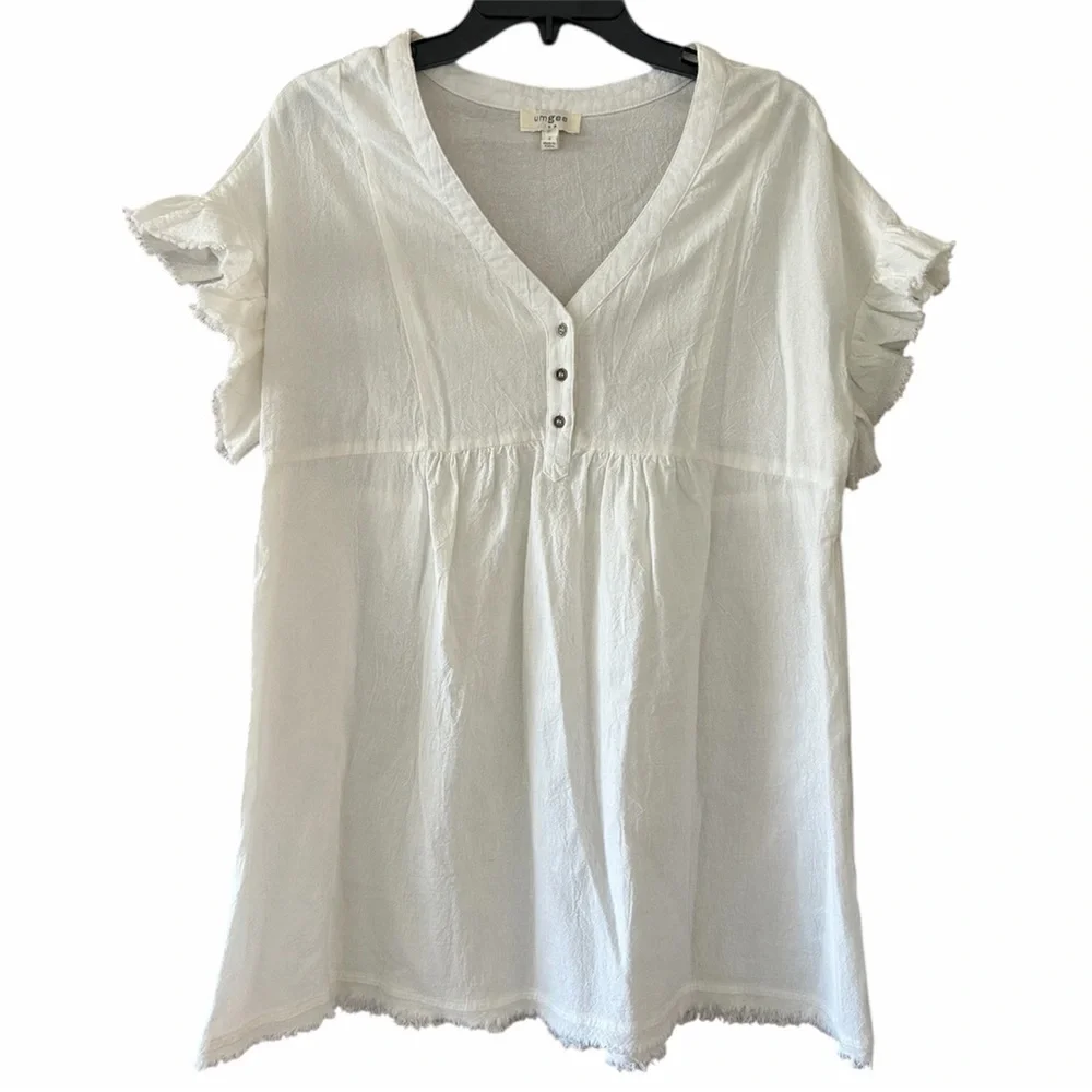 Umgee White Boho Ruffle Sleeve Button Front Gauze Blouse 100% Cotton Size Small
